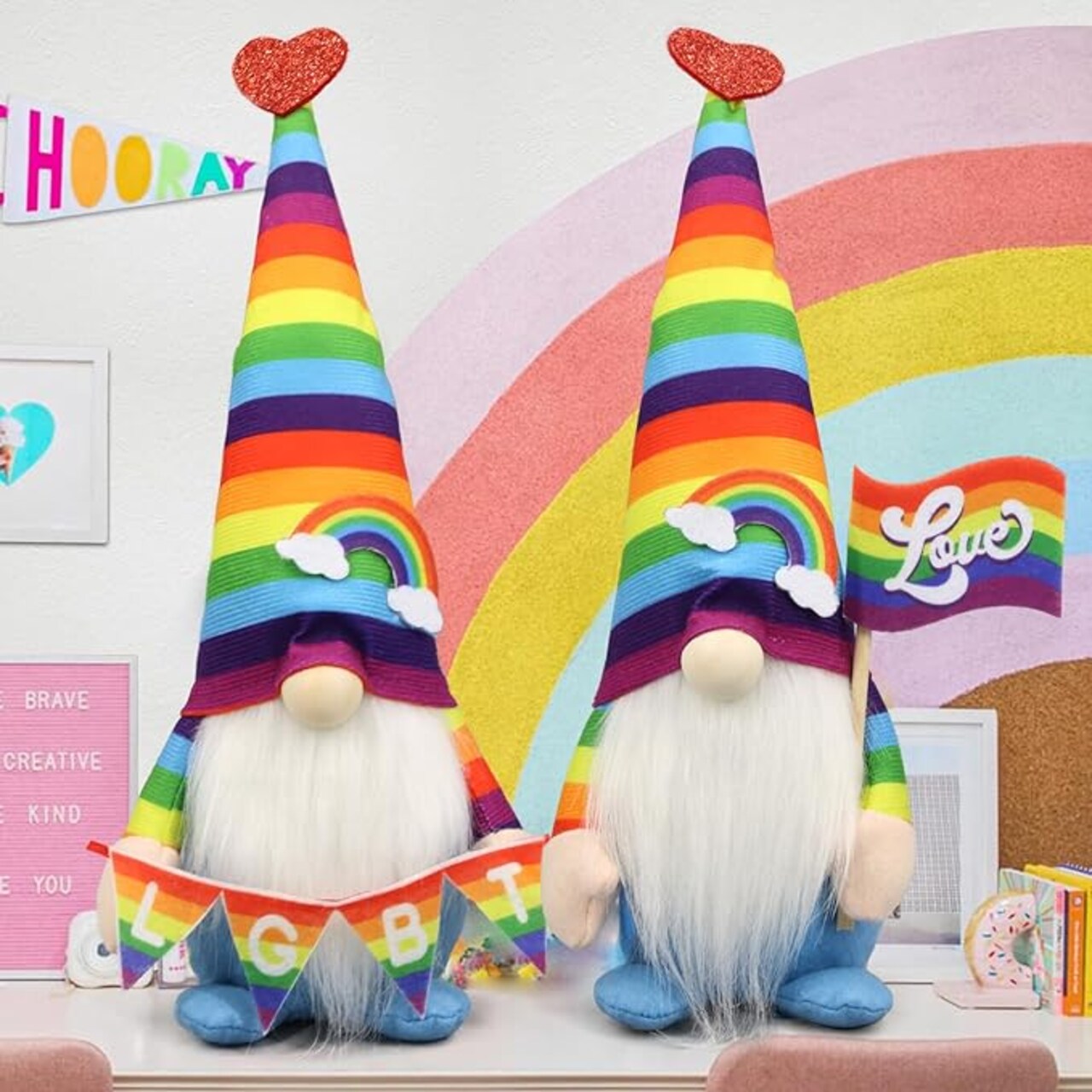 Pride Rainbow Gnome Plush Set – 2PCS Love Gay Stuffed Plush Gnomes for Home Decor – Rainbow Queer Lesbian LGBT Flag Signs – LGBTQ Pride Month Indoor, Office & Shelf Decorations